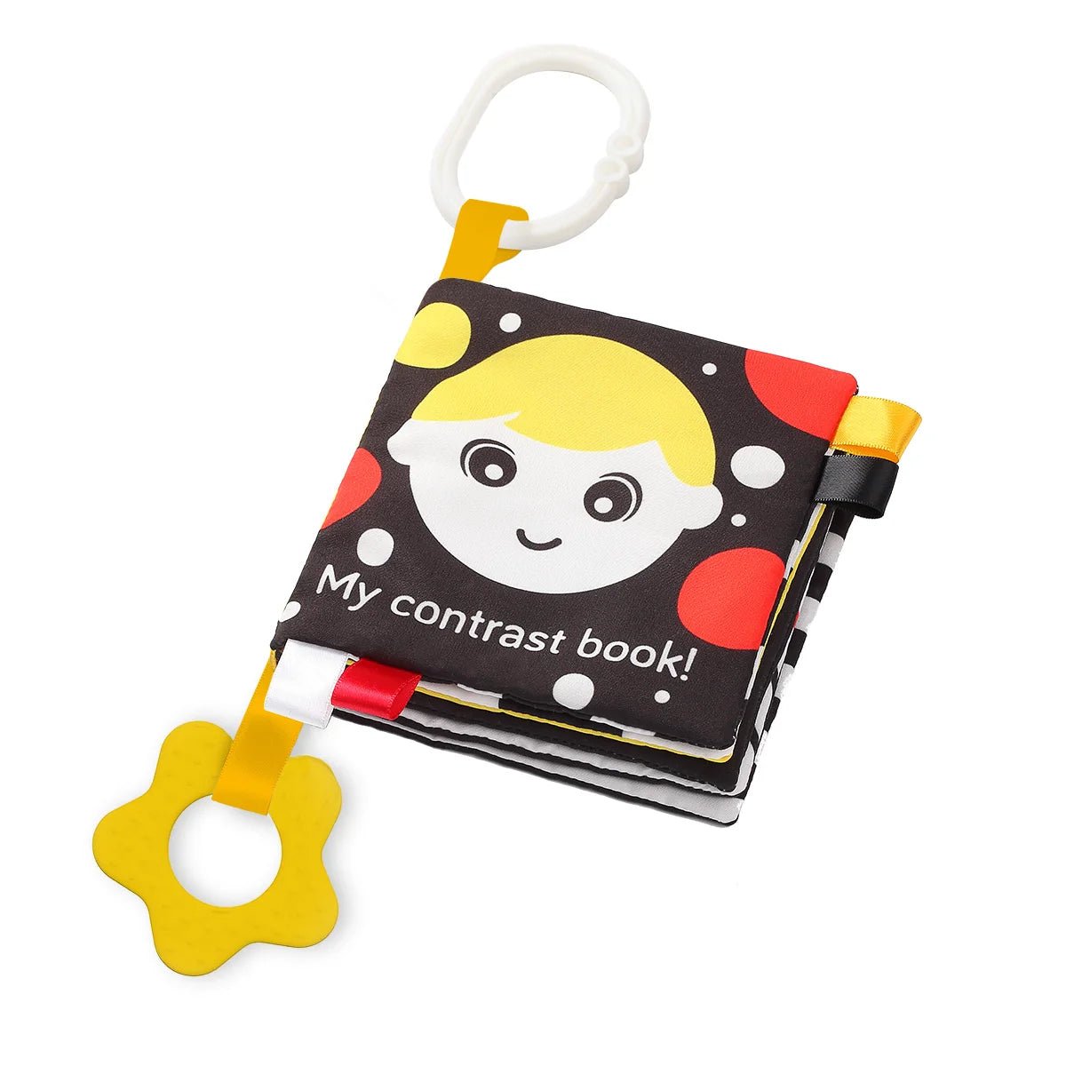 Sensory contrast book with black cover, panda face, colorful dots, and teether clip