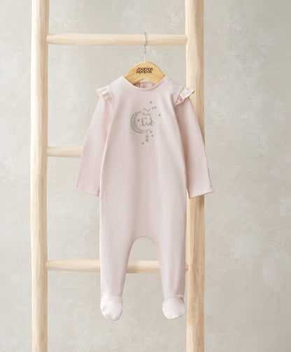 Pink baby Eid all-in-one romper with long sleeves, feet, and front graphic