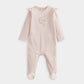 Pink baby Eid all-in-one romper with ruffled shoulders, long sleeves, and front graphic