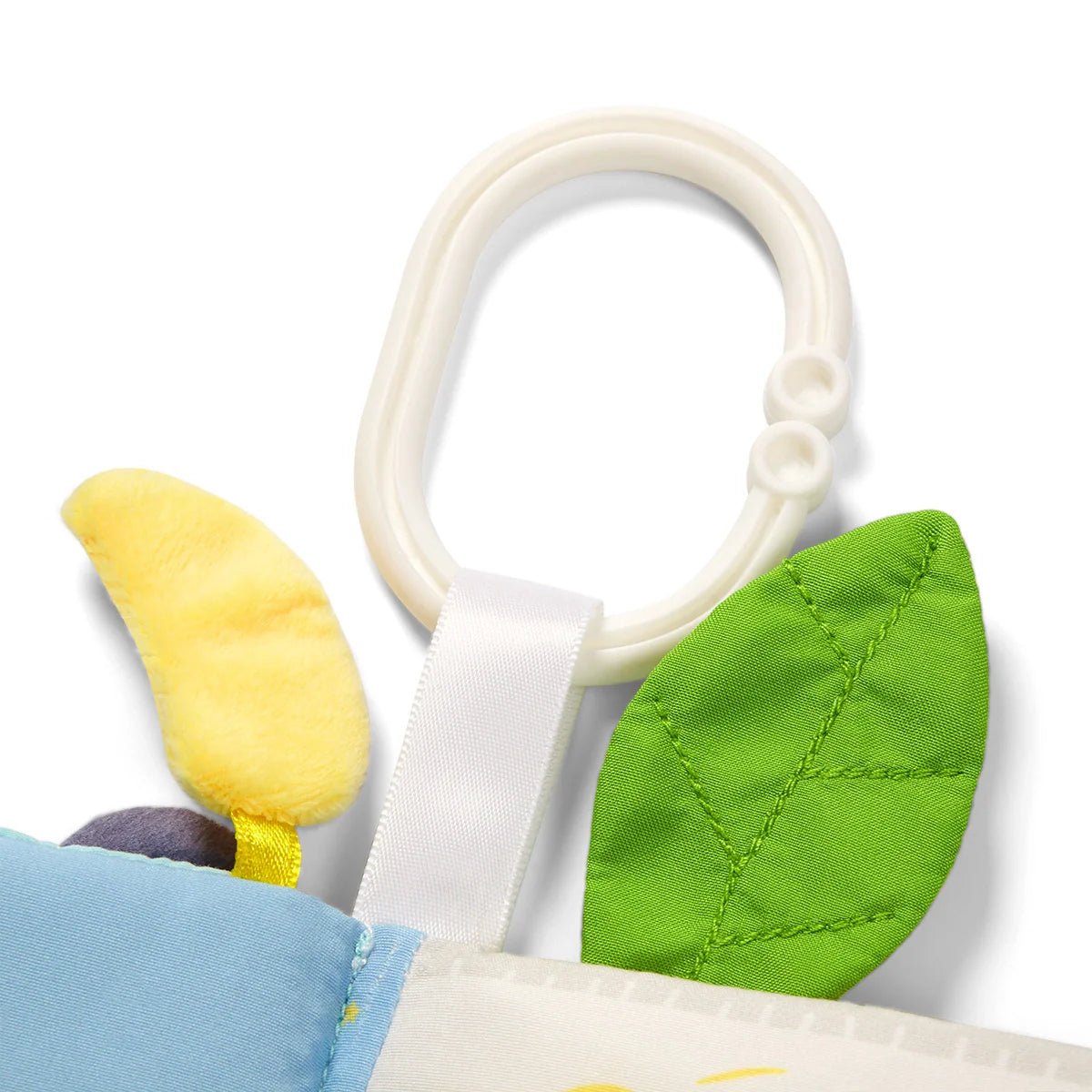 Sensory book fabric leaf and yellow teether with white carrying strap