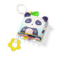 Sensory activity book with panda face, fabric pages, and dangling teether
