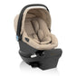 Infant car seat with beige padded seat, black shell, and blue accents, angled view.