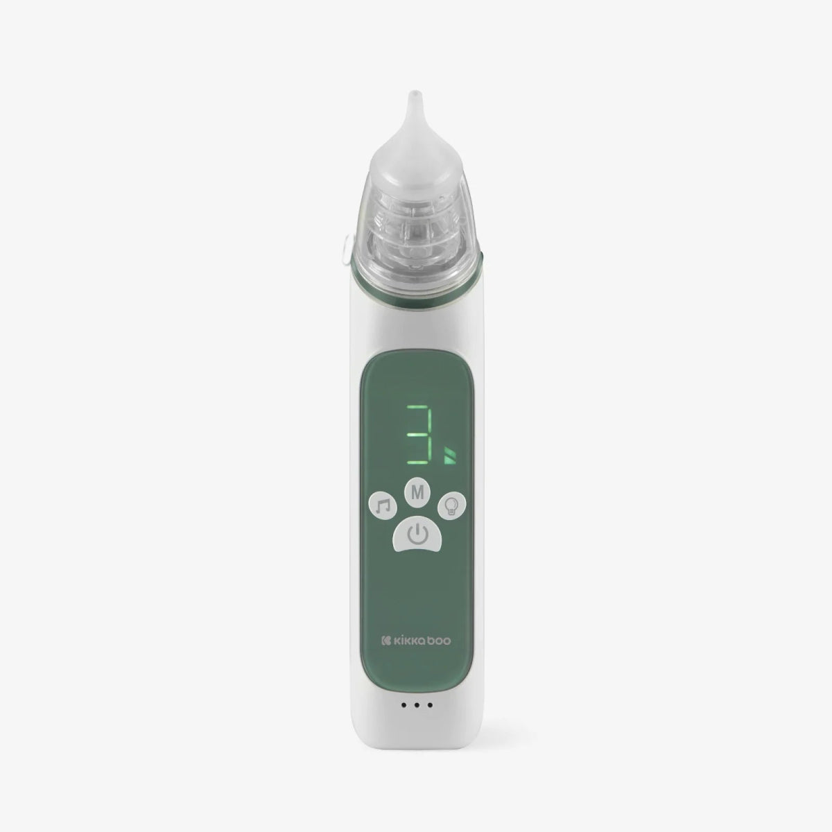 Mint nasal aspirator with transparent funnel tip and glowing green icon display