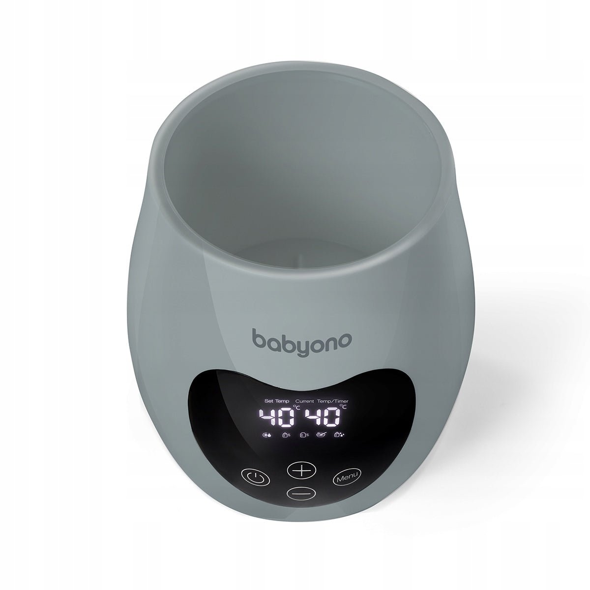 Grey babyono bottle warmer with open top and heart-shaped digital temperature display