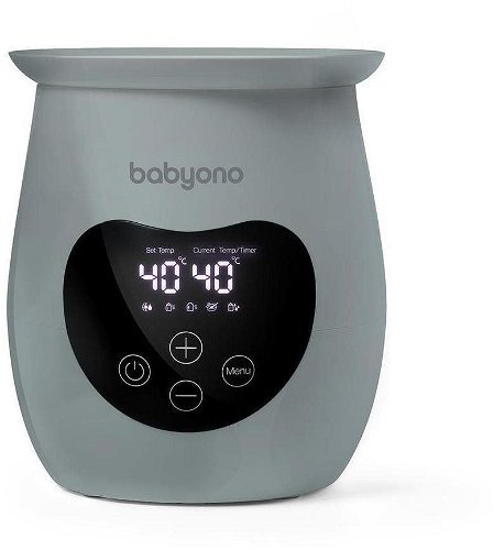 Grey babyono bottle warmer with heart-shaped digital control panel and LED display