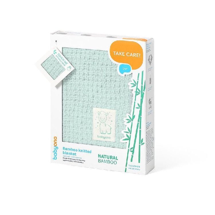 Natural bamboo knitted blanket box packaging with illustrated blanket and care icon