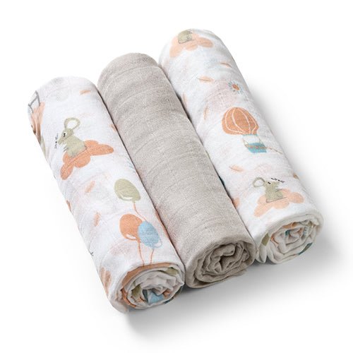 Natural bamboo diaper set, three rolled: beige animal prints, solid beige, off-white print