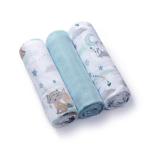 Natural bamboo diaper set, three rolled: light blue patterned, solid light blue, white-blue print