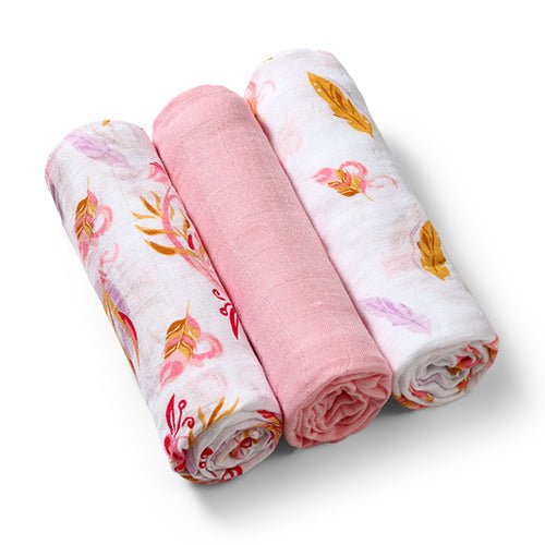 Natural bamboo diaper set, three rolled: pink patterned, solid pink, white print