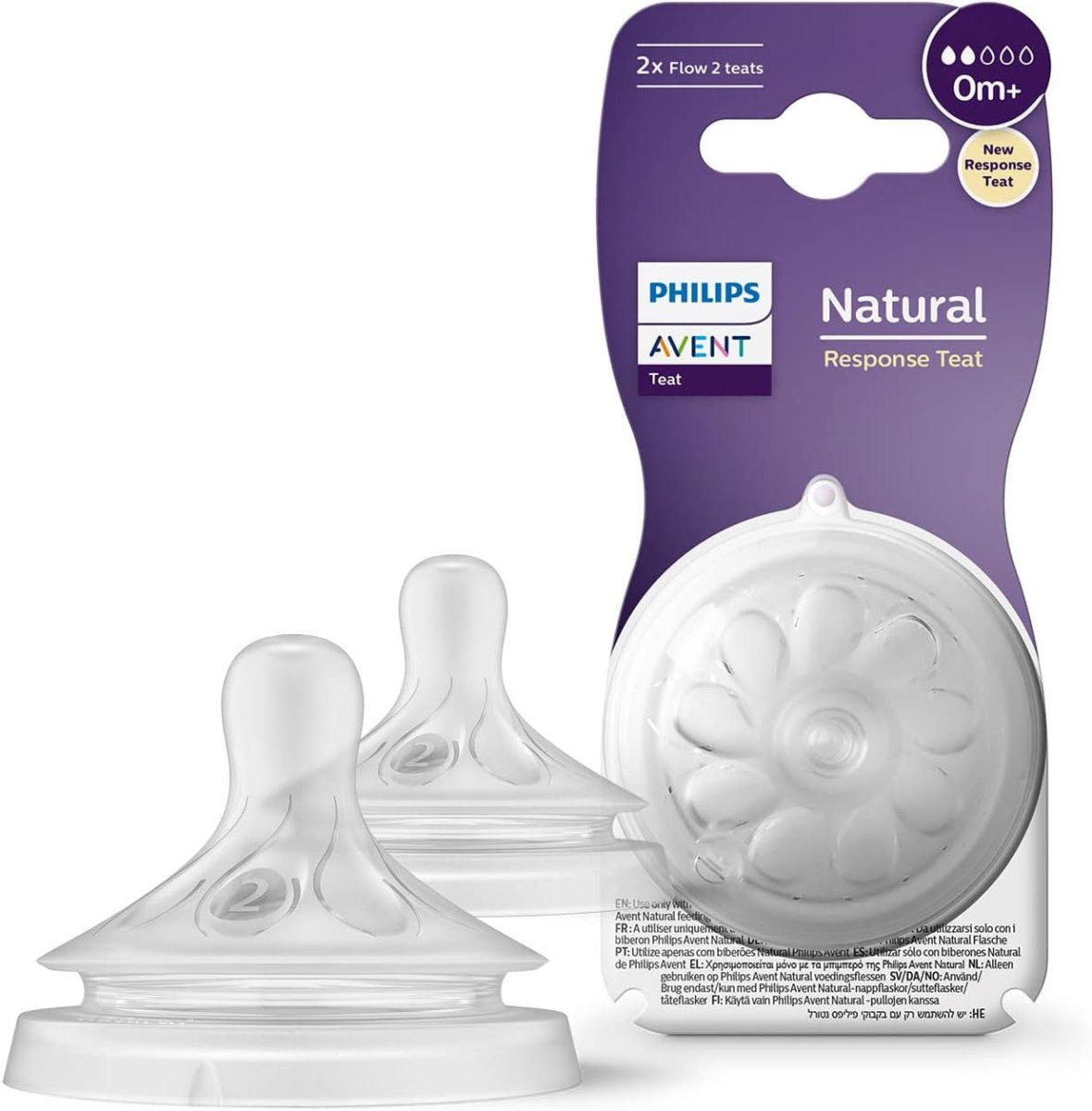 Bottle teat set, Natural Response Flow 2, clear silicone with small round vent holes