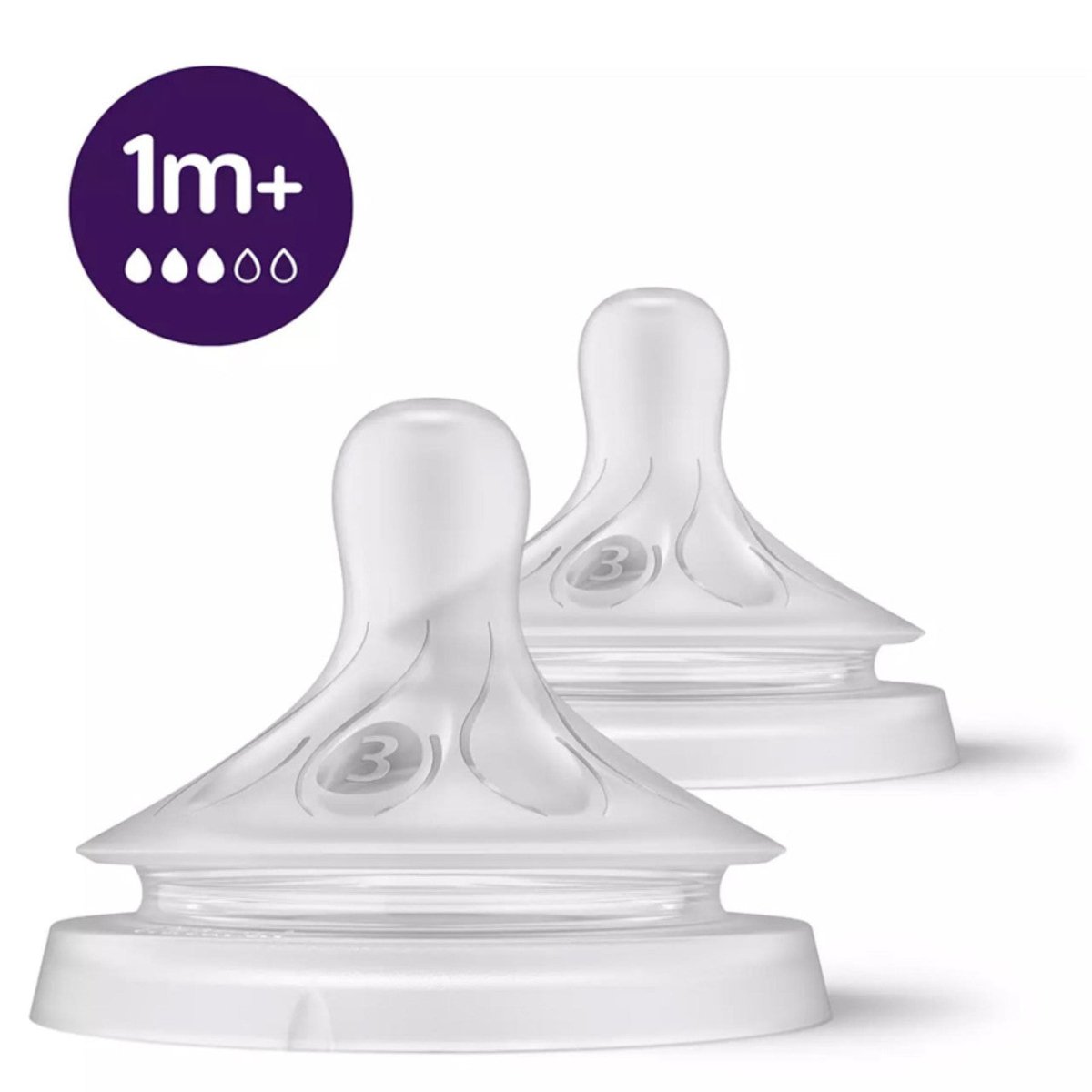 Level 3 bottle teats with soft white rim and clear nipple, two-pack