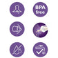 BPA-free bottle teat feature icons on purple card