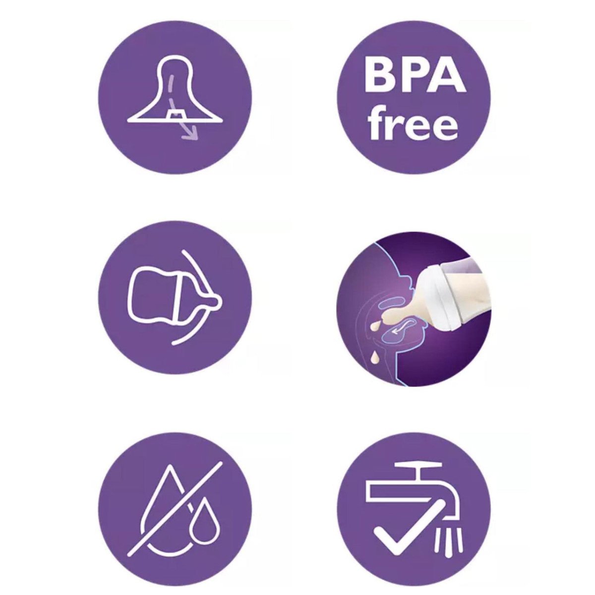 BPA-free bottle teat feature icons on purple card