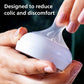Baby bottle nipple and collar held in hands, translucent gray spout