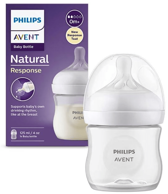 Philips Avent Natural Response baby bottle with white teat and purple package