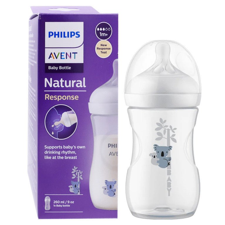 Baby feeding bottle 260 ml, clear plastic with blue animal and leaf print on white collar