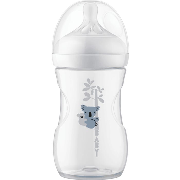Baby feeding bottle in clear plastic with blue animal and leaf pattern, white base