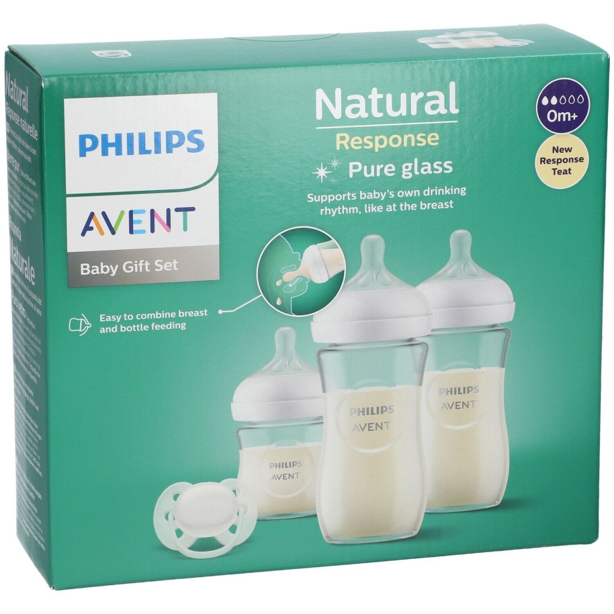 Natural Response feeding bottle set box with four white bottles and pacifier