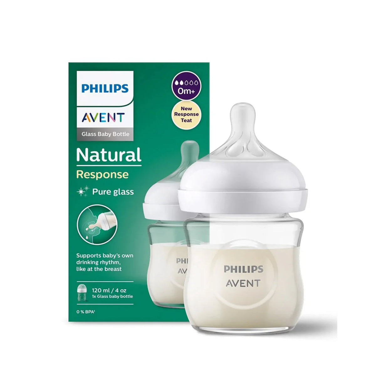 Philips Avent glass baby bottle with white newborn nipple, Natural Response, 120ml