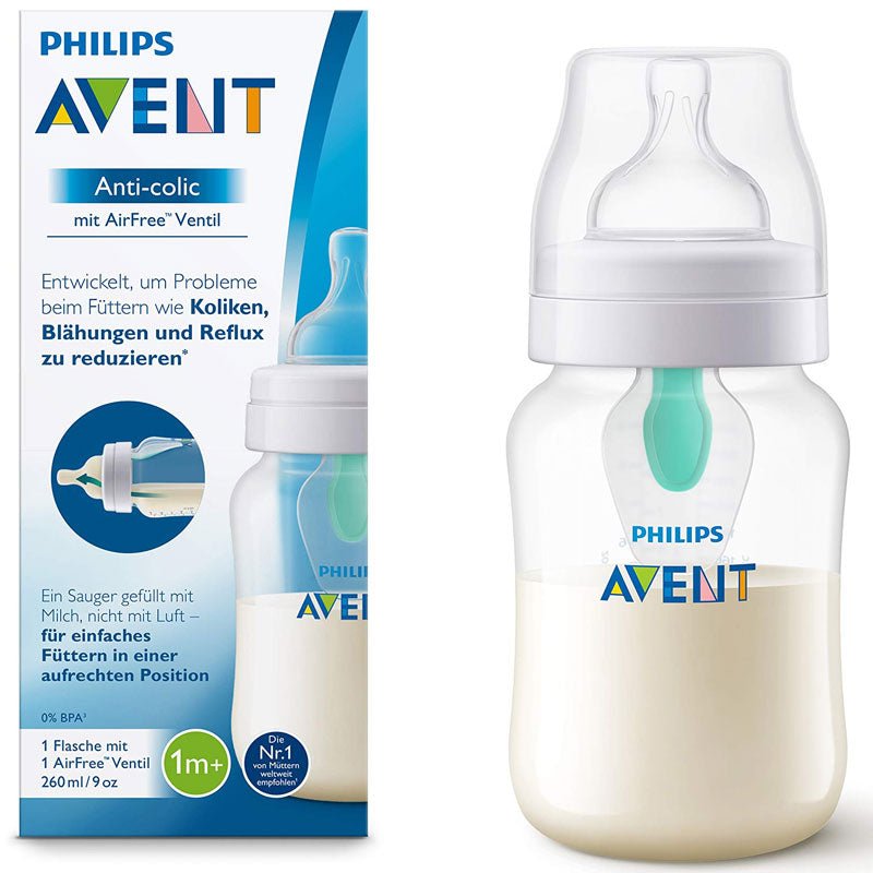 Newborn glass feeding bottle with Philips Avent teat and white protective cap