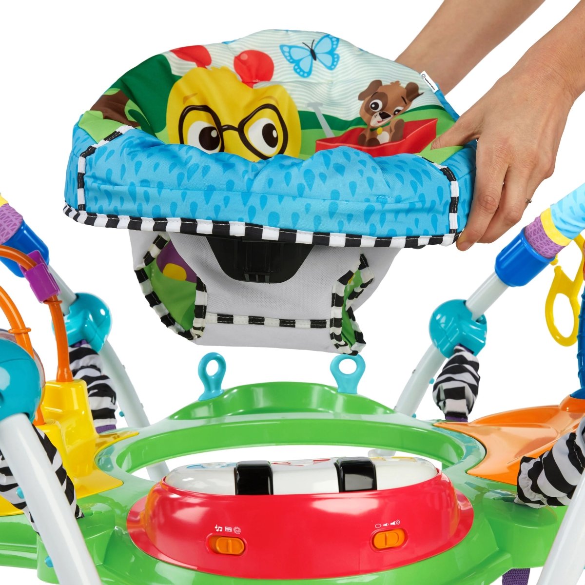 Activity jumper seat with character print and patterned blue headrest