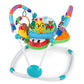 Kids activity jumper with colorful arch toys and blue patterned seat