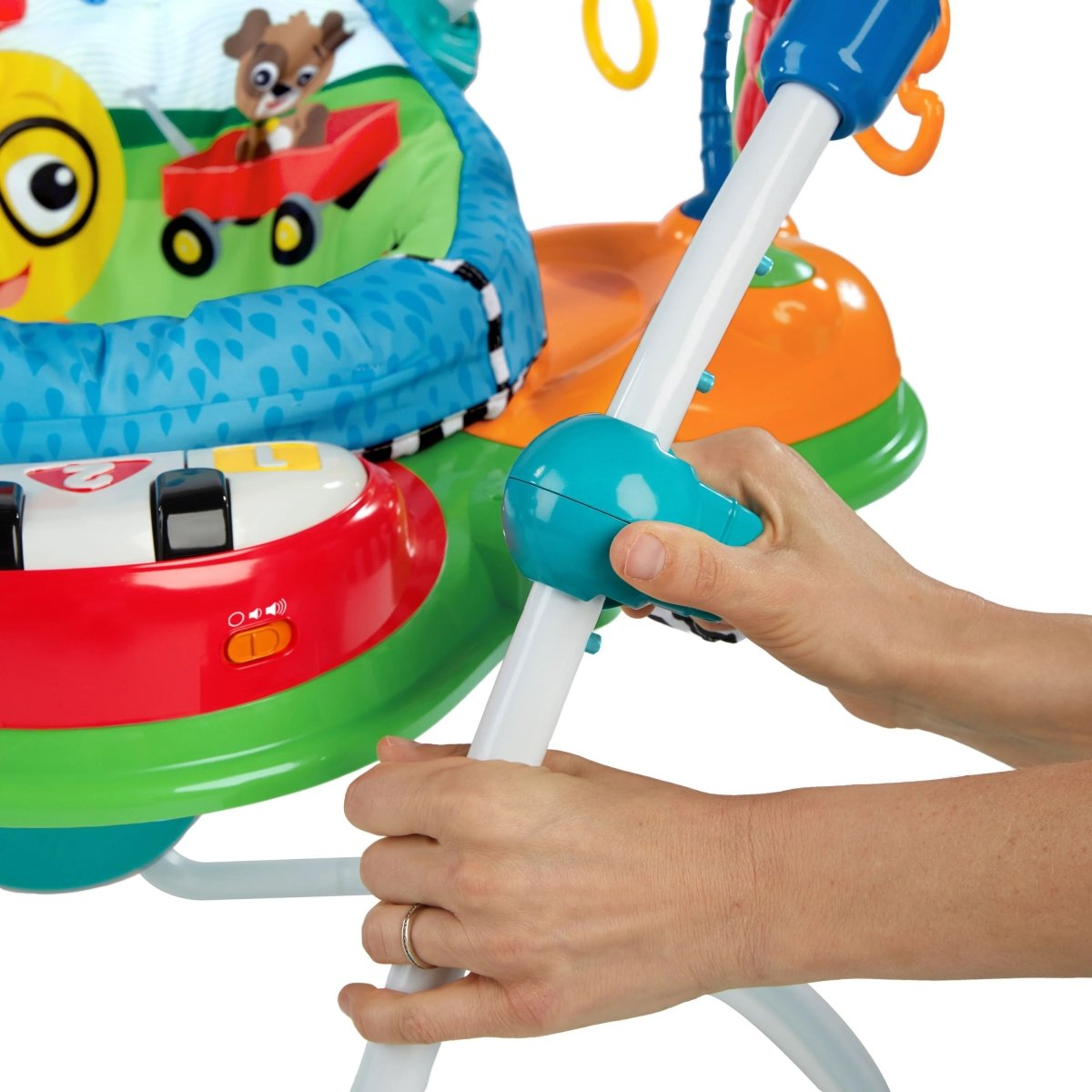 Activity jumper frame with gray handle and colorful toy base