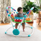 Toddler activity jumper with overhead toy bar and blue seat cushion