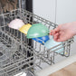 Non-slip bowls with flexible spoons set, multicolor bowls in dishwasher rack, hand holding bowl