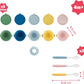 Assorted pastel non-slip bowls and flexible spoons, multiple colors with size guides