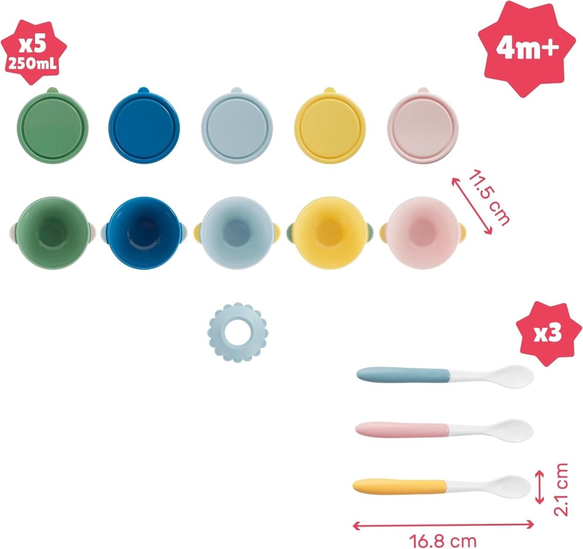 Assorted pastel non-slip bowls and flexible spoons, multiple colors with size guides
