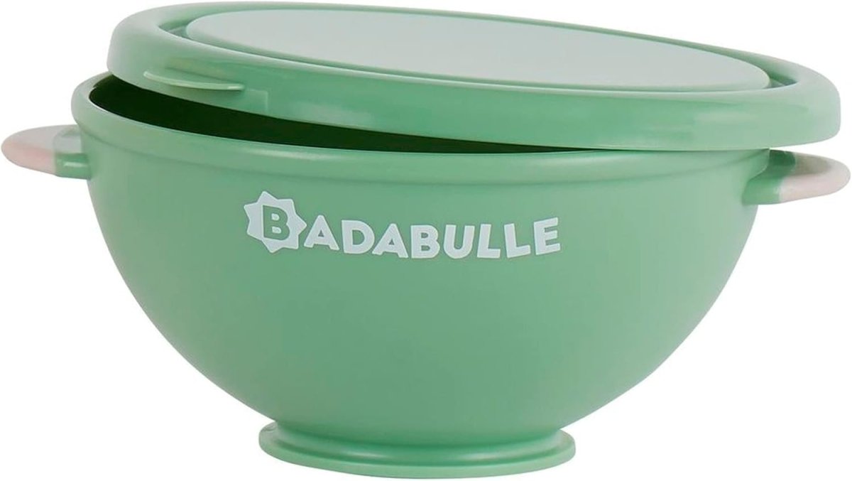 Mint green non-slip bowl with lid, BADABULLE logo on side