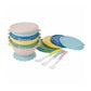 Pastel non-slip bowls with flexible spoons, stack of BADABULLE bowls and lids