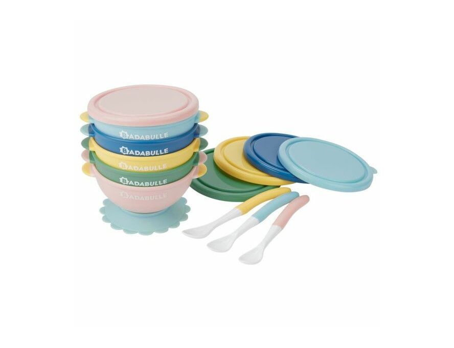 Pastel non-slip bowls with flexible spoons, stack of BADABULLE bowls and lids
