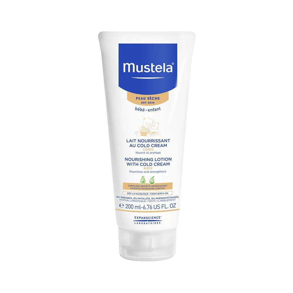 Mustela nourishing lotion with cold cream 200 ml squeeze tube, white and blue
