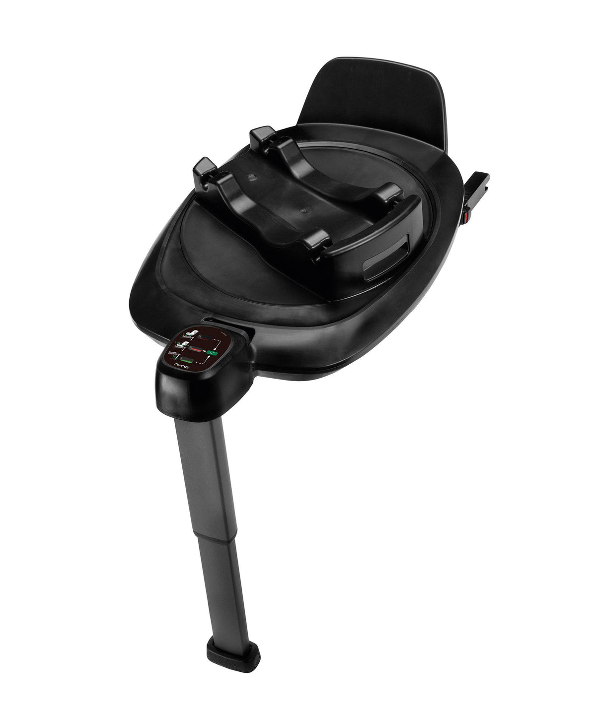 Black rotating car seat base with control pod, locking arms, and support legs