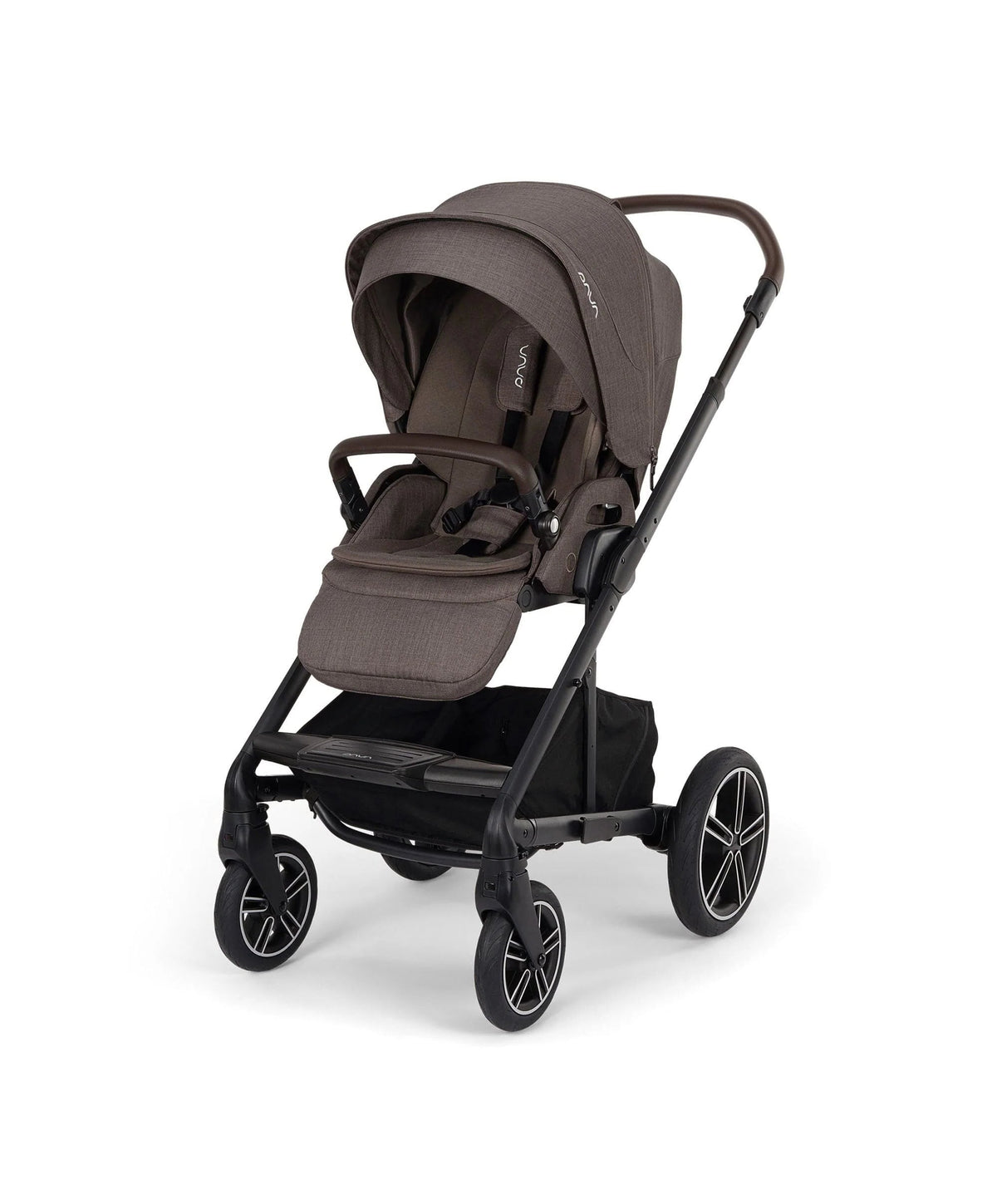 MIXX Next stroller in dark gray with canopy, front seat, and four-wheel frame