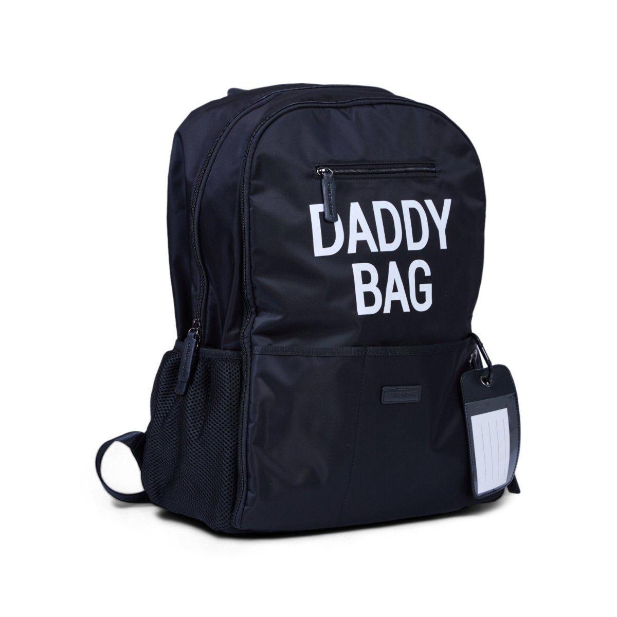 Nursery backpack back view, dark with 'DADDY BAG' lettering and hanging tag