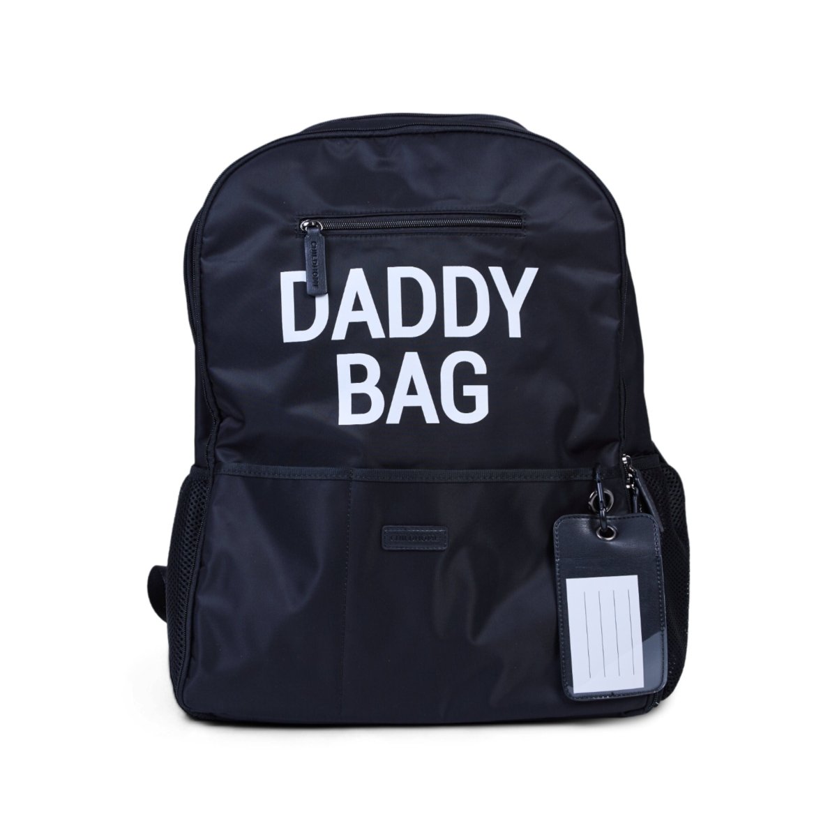 Nursery backpack with 'DADDY BAG' print, front zip pocket, and hanging ID tag