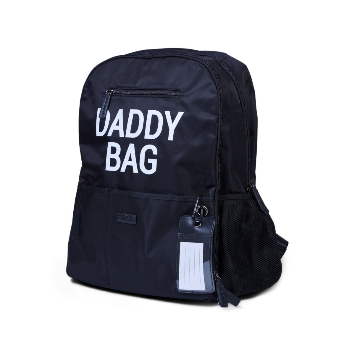 Nursery backpack with 'DADDY BAG' logo, front zip pocket, side mesh panel, ID tag
