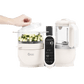 White baby food processor with one open container, diced vegetables, jug and control panel.