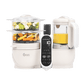 White baby food processor with dual containers, blender jug, and touch control panel.