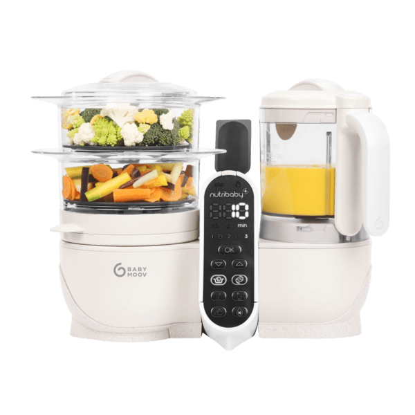 White baby food processor with dual containers, blender jug, and touch control panel.