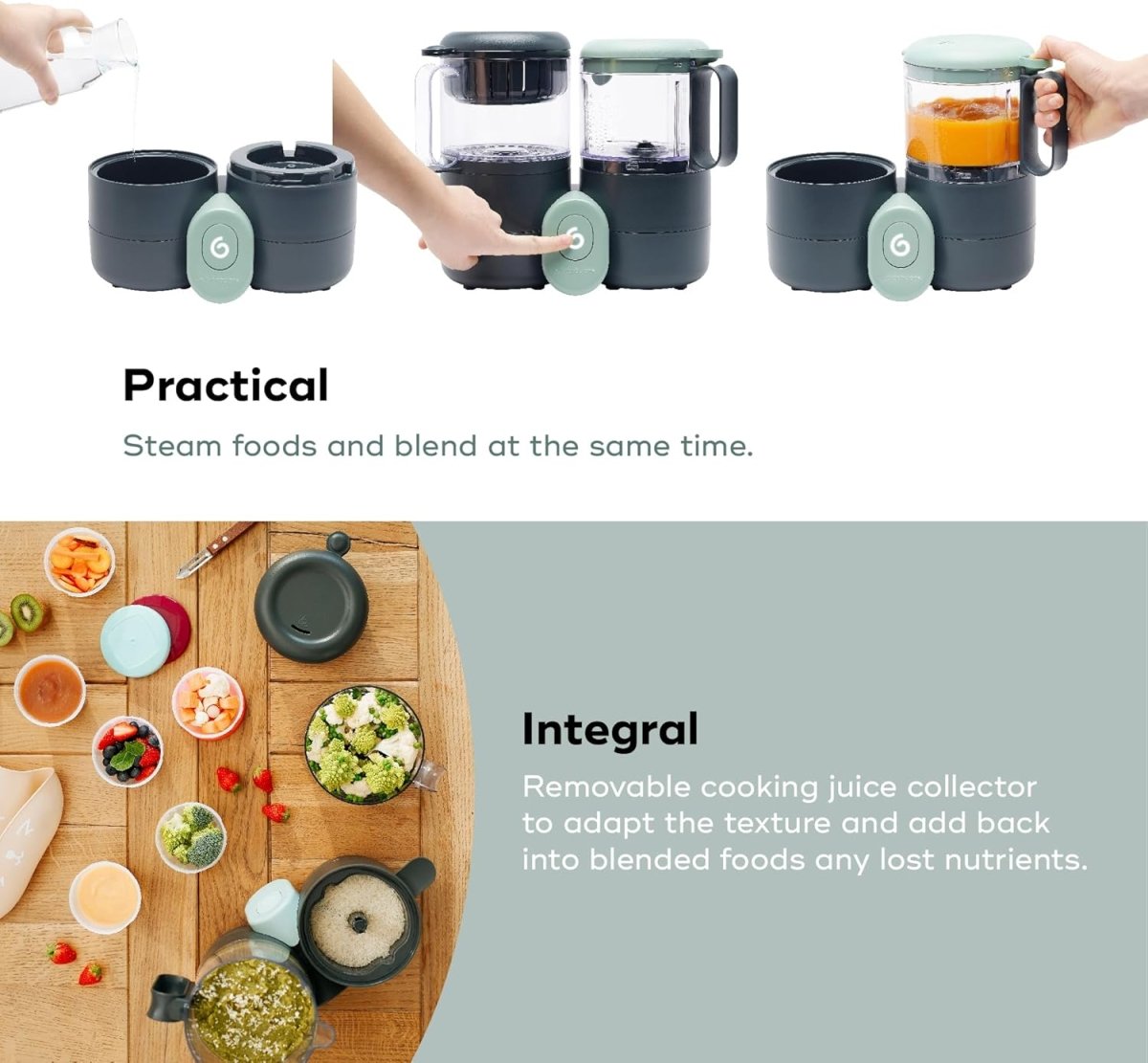 4-in-1 baby food processor with two jars; dark gray base and mint control button