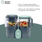 Baby Moov 4-in-1 steam blender with two clear jars, dark gray base and mint lid