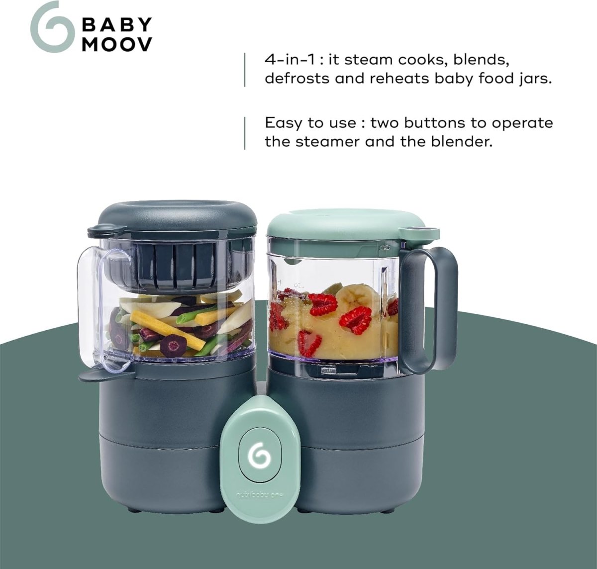 Baby Moov 4-in-1 steam blender with two clear jars, dark gray base and mint lid