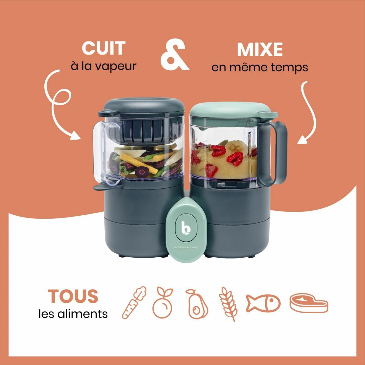 Baby food processor with two clear jars, dark gray base and mint blender lid