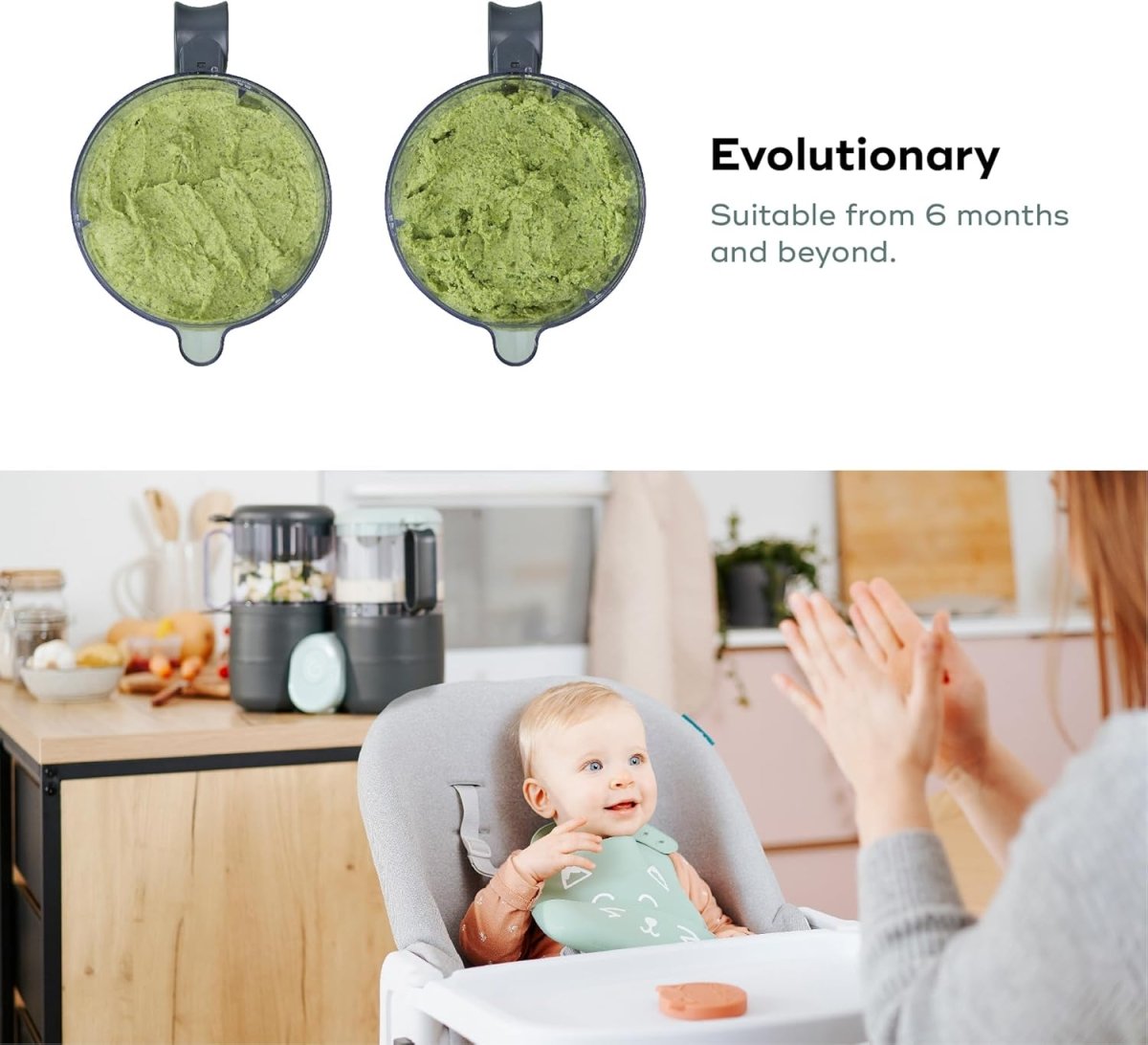 Baby food processor with two clear jars, mint lid and dark gray base; with puree pouches