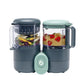 Baby food processor with two clear jars, dark gray base, mint lid and blending button