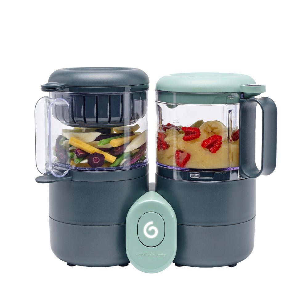 Baby food processor with two clear jars, dark gray base, mint lid and blending button